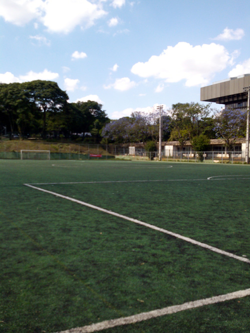 Campo de futebol com prédio do Tribunal de Contas ao fundo