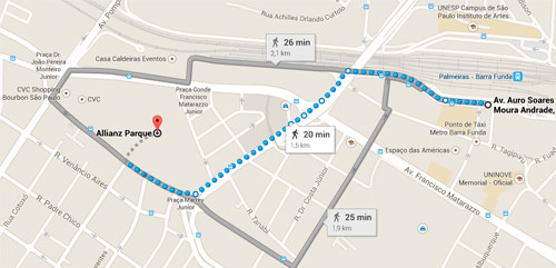 Caminho da estação Palmeiras-Barra Funda ao portão A (Google Maps)