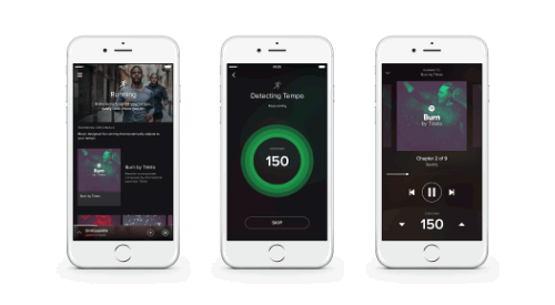 Telas do iPhone rodando o Spotify Running